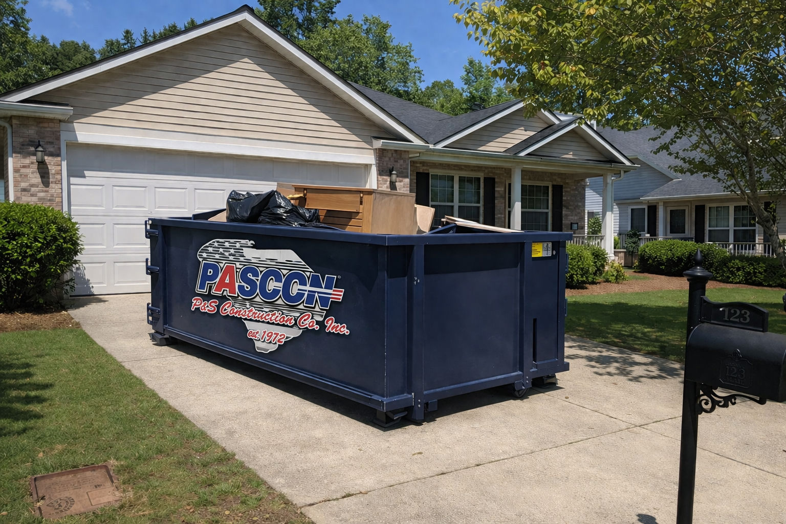 Residential dumpster rental placed in driveway in Columbia SC for home cleanout